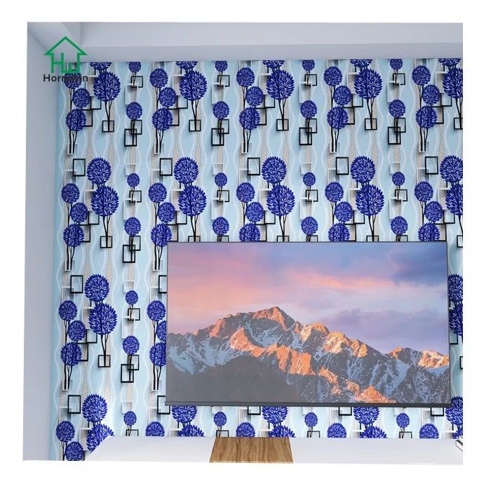 Wallpaper Sticker Pohon Bunga Biru Kotak 3D