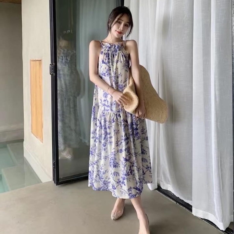 halter loose dress motif burung anggun maxi dress CODE TG-1004