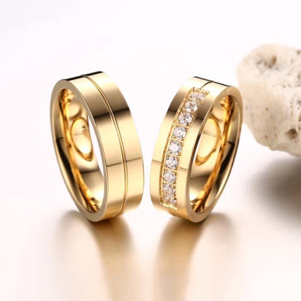 Cincin Pasangan Berlian Emas Perak Kawin Baja Titanium Pria Wanita Couple Rings