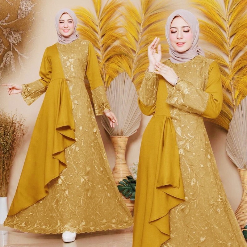 (MODEL BARU)SIZE M,L,XL,XXL,XXXL/GAMIS ZOLANA/GAMIS BRUKAT TILE/GAMISMUSLIM/GAMIS KONDANGAN/CANTIK-KUBUS (MUSTARD)