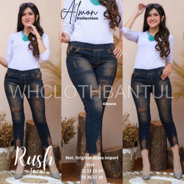 Rush jeans 7/9 . Jeans sobek melar pinggang karet. jeans wanita kekinian