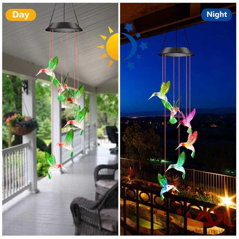 Lampu Hias Teras atau taman tenaga matahari anti air burung kristal rumah lampu pajangan Gantung LED Wind Chime Light tenaga surya solar panel LED Solar Wind Chime Crystal Ball Hummingbird Wind Chime Light Color Changing Waterproof Hanging Solar Light