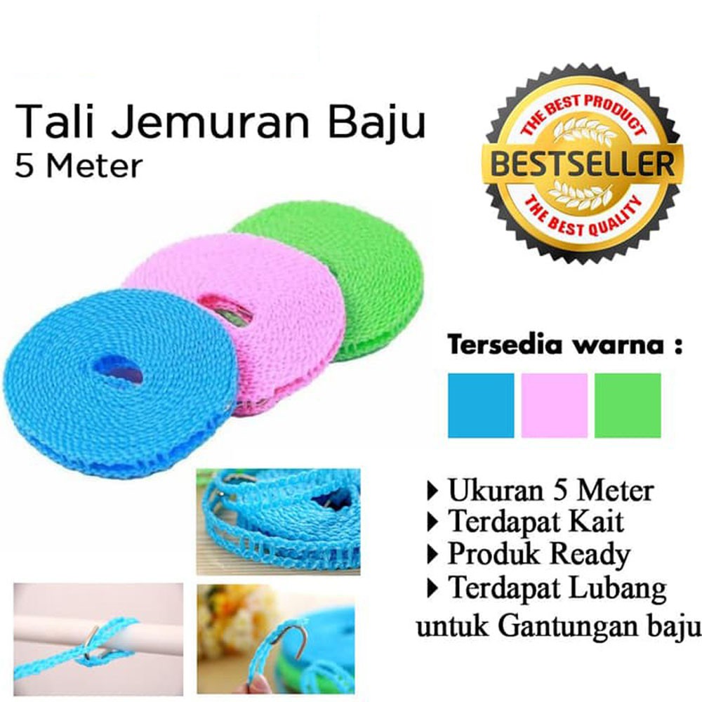 Tali Jemuran 5 Meter - jemuran Praktis Super Kuat - Warna Random