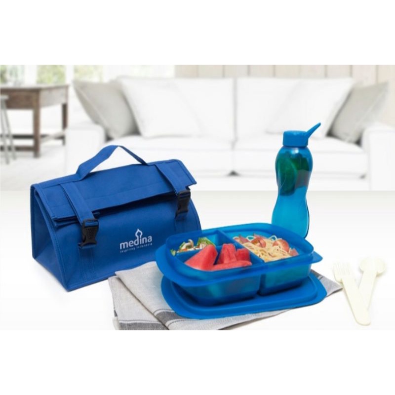 DUO SIMPLE SET BLUE MEDINA/BONTOT MAKAN ANAK, ANTI TUMPAH,PAKAI TAS.
