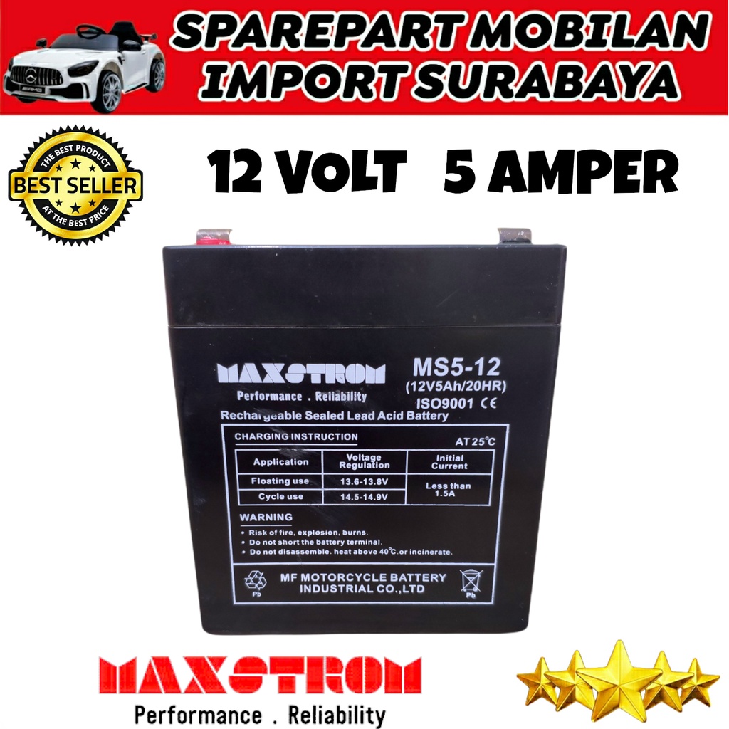 MAXSTROM 12V 5AH BATERAI MOBIL MOBILAN ANAK 12 VOLT 4.5AH BATTERY VRLA SEPEDA LISTRIK RIDE ON CAR TOYS CHILDREN PLIKO EXOTIC PASIFIC PMB