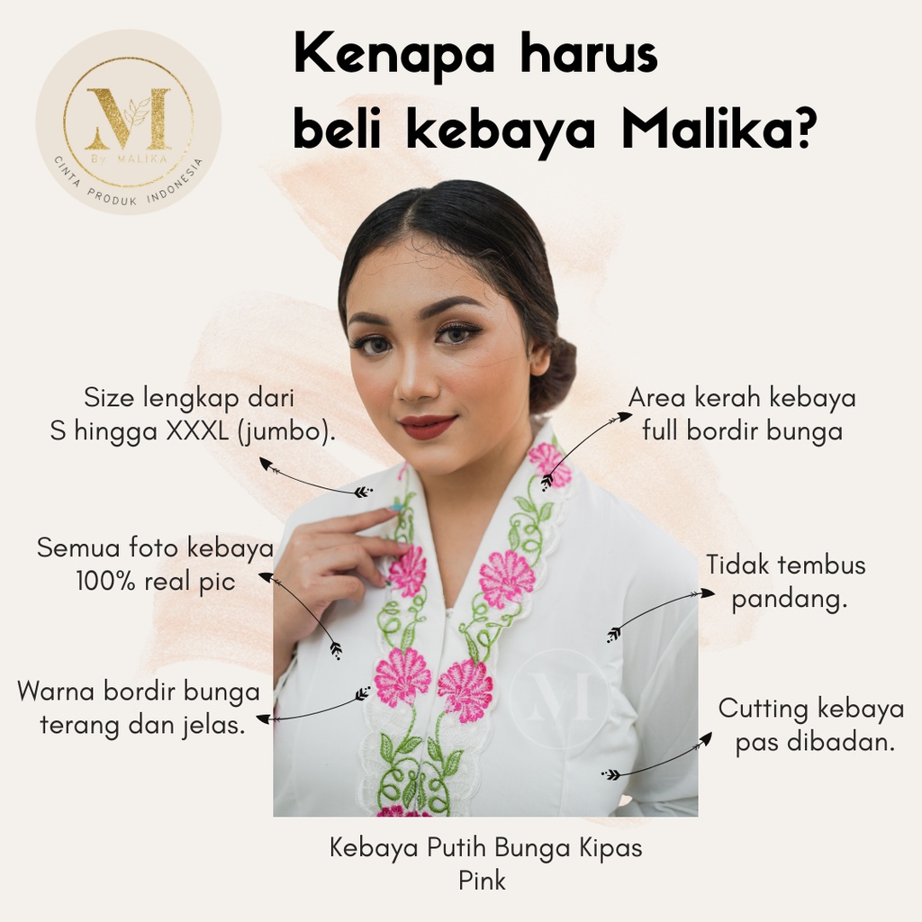 Kebaya Encim Putih Bunga Kipas Lengan Pendek MALIKA - Baju Atasan Kebaya Ncim Modern Bordir Bunga-3