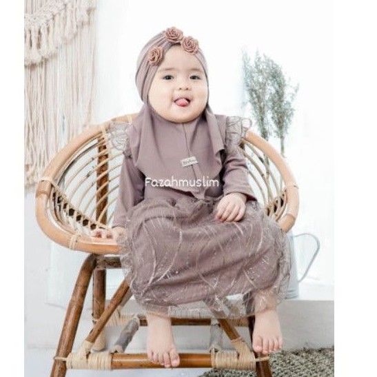 Gamis bayi, baju muslim pesta brukat tille baby, pakaian aqiqah baby