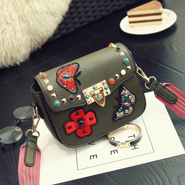 Tas Selempang wanita kulit sintetis Flower Embroidery mini Slingbag PU Import bordir bunga strap kanvas