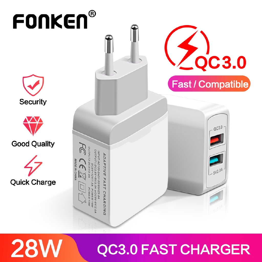 

FONKEN Dual USB Quick Charge 3.0 28W 2 Port Portable Travel Wall Adapter for Android Mobile Tablet