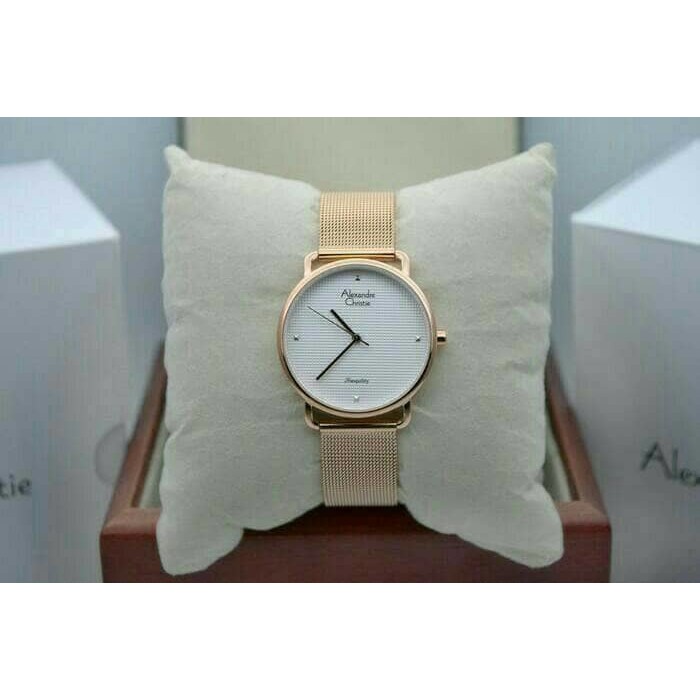 jam tangan wanita alexandre christie AC 2640LH TALI PASIR FULL ROSEGOLD