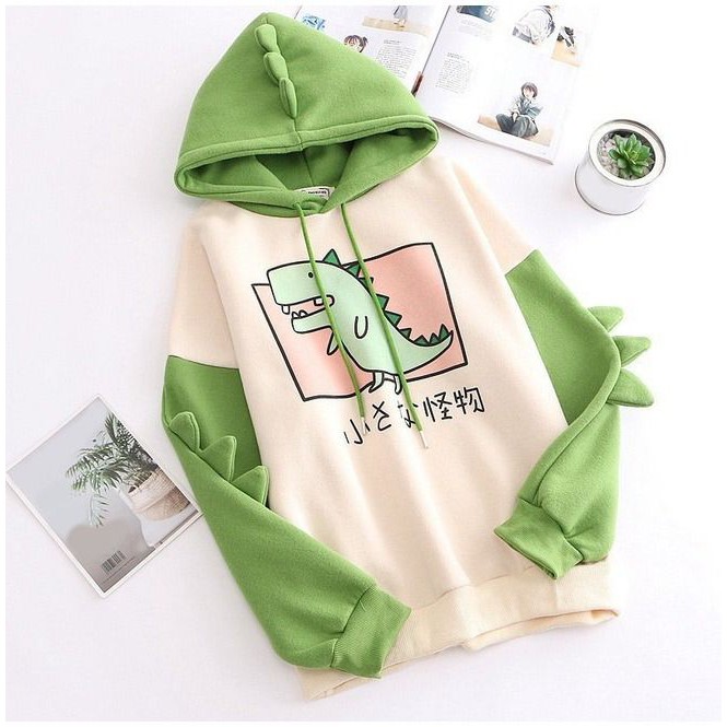 Sweater anak perempuan CUTE GREEN DINOSAURUS HOODIE sweter anak cewe trend