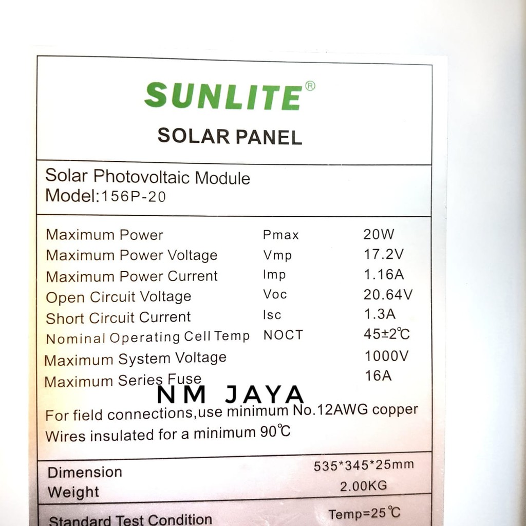 Solar Panel Surya Solar Cell 20 WP 20 Watt 20 W Poly Sunlite