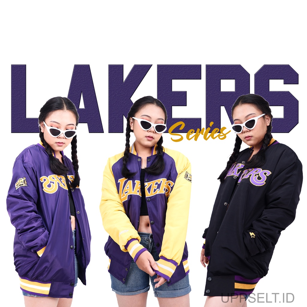 LAKERS JACKET BOMBER VARSITY HEAVYWEIGHT SATIN PREMIUM VINTAGE UNISEX