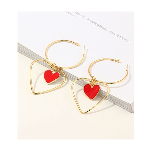 LRC Anting Tusuk Fashion Red Double Love Hollow C-shaped Alloy Earrings K01089