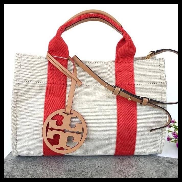Bag Canvas - Tas Original Tory Burch Canvas Small S Tote Poppy Orange Cewek Import