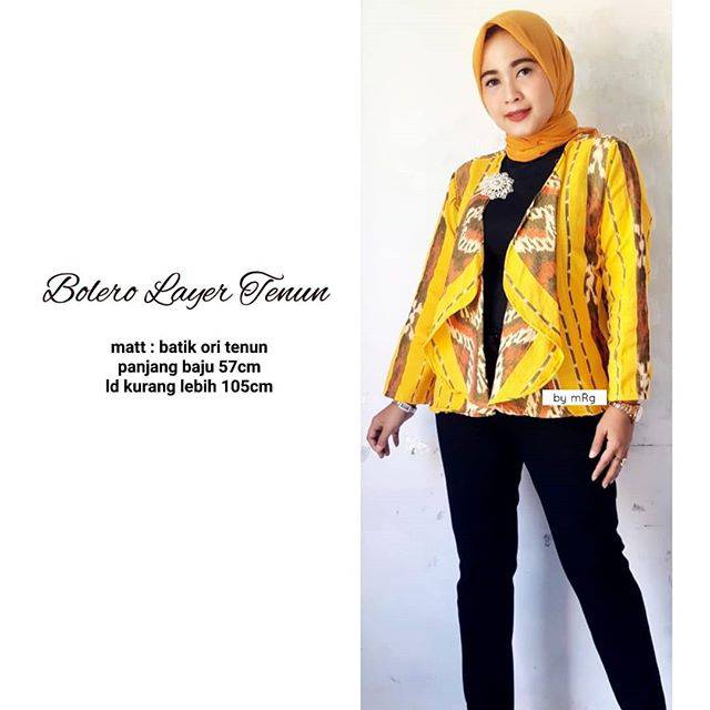 Model Baju Bolero Outerwear Layer Tenun Kuning Etnik Batik Kerja Modis Wanita Modern