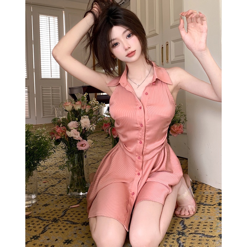 Suhao pinggang polo-neck dress wanita musim panas pink tanpa lengan manis hot girl temperamen seksi