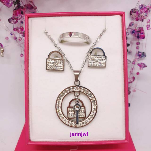 Kalung set mewah bling2 + BOX perhiasan titanium asli