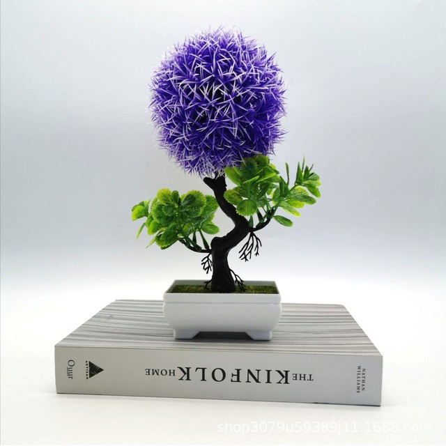 COD/BONSAI HIAS TANAMAN ARTIFISIAL BUNGA DEKORASI RUANGAN BUNGA PLASTIK POT BULAT PUTIH BP8818-Biru