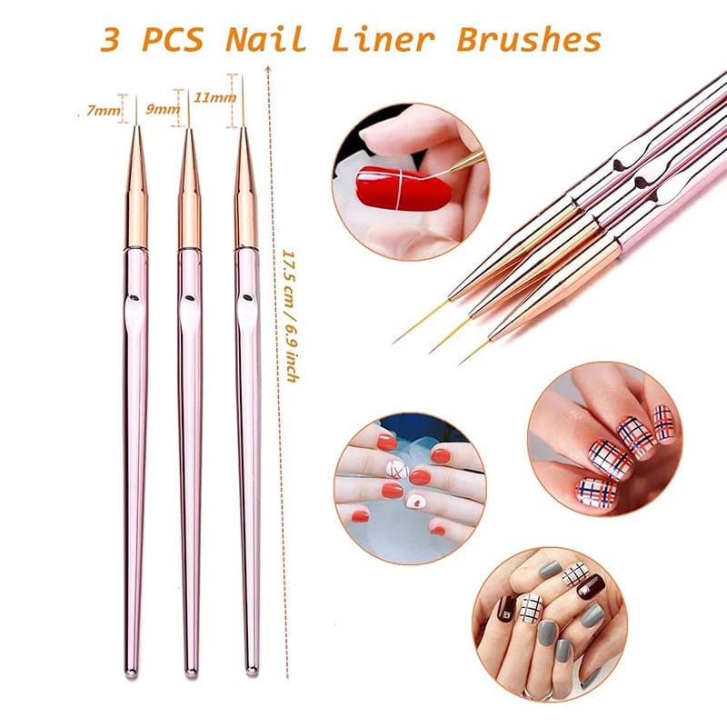 Kuas Liner Brush Akrilik Rose Gold Nail Art Kuas Lukis Garis Lurus Kuku Set Brush Liner 3PCS F807