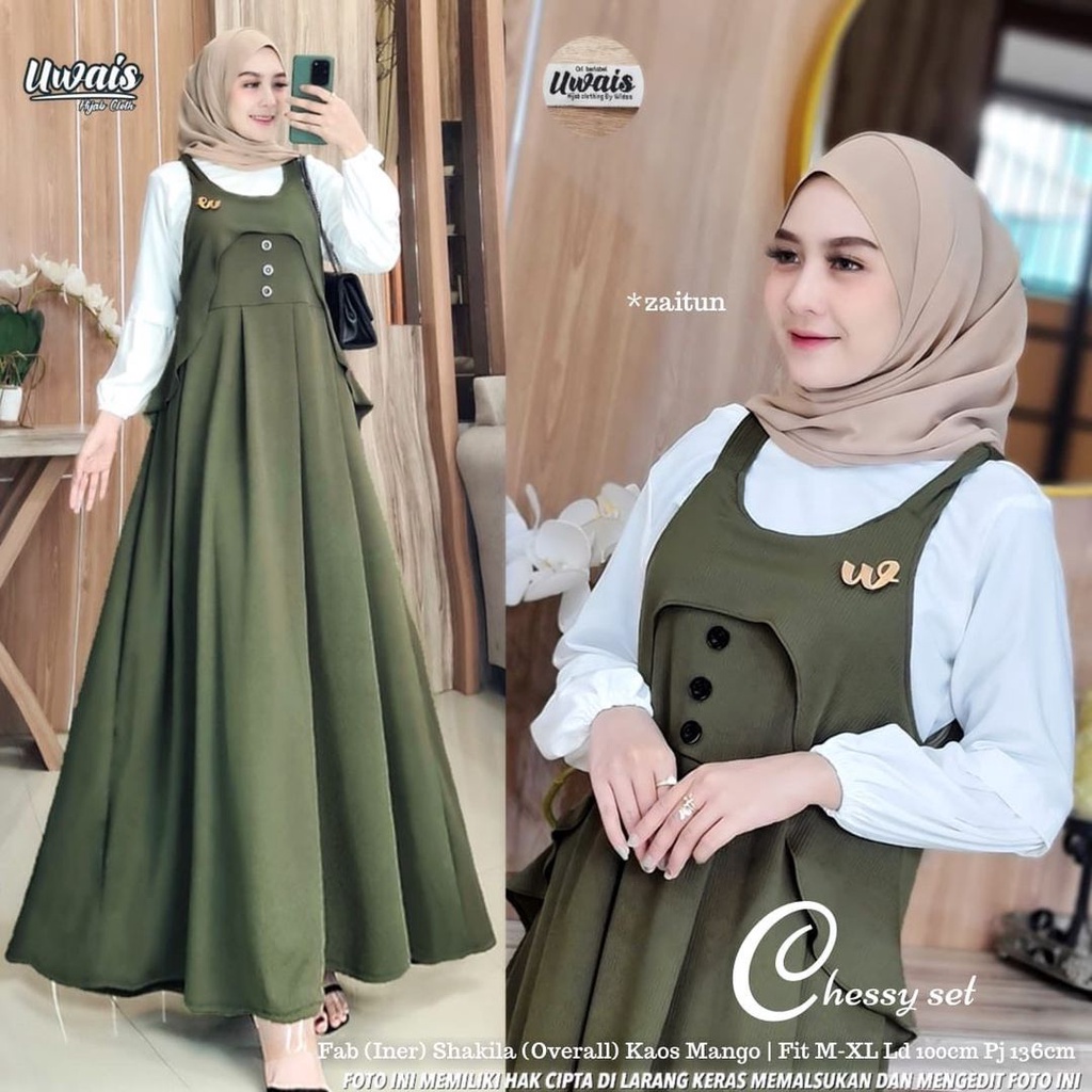Gamis Overall Remaja Fashion Wanita Korean Style Atasan Putih Setelan Baju Wanita Chessy Set Origina