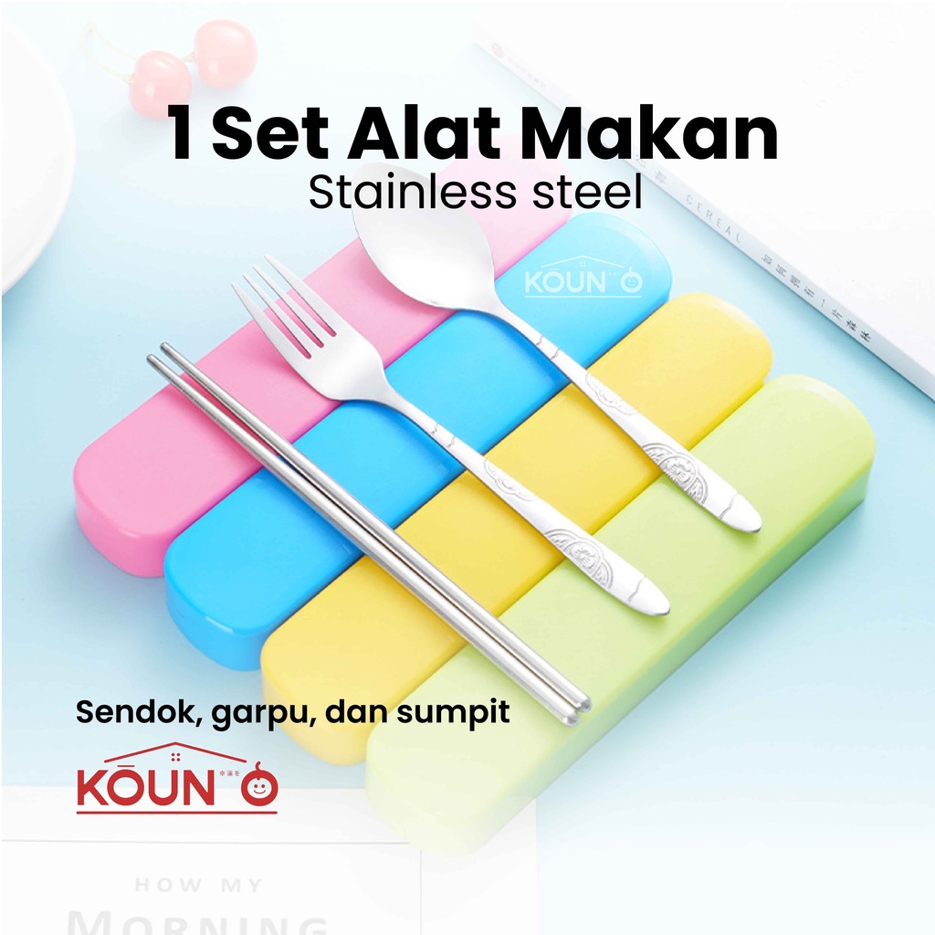 1 Set Alat Makan Sendok Garpu Sumpit Stainless Steel + Box Portable Travel Cutlery Set Food Grade