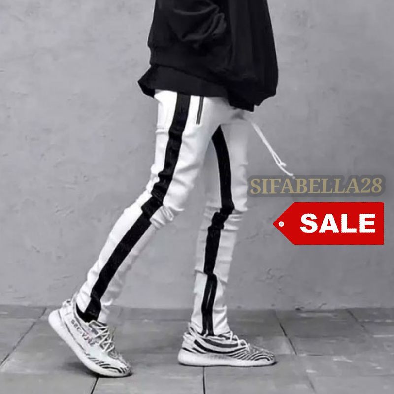 Celana HypeBeast Joger Jogger Trackpants Putih Garis Hitam pria dan wanita