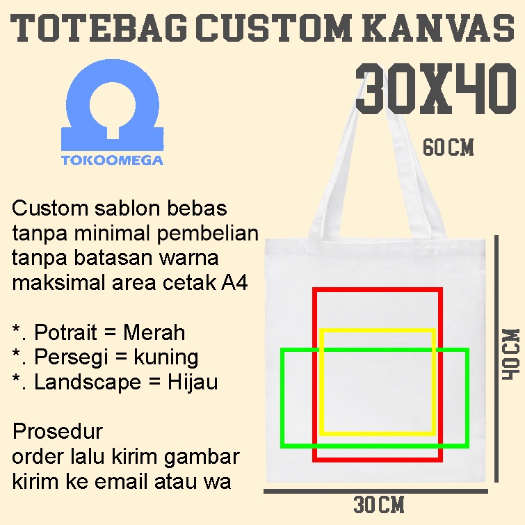 tokoomega Totebag Custom Kanvas Putih Premium 30x40