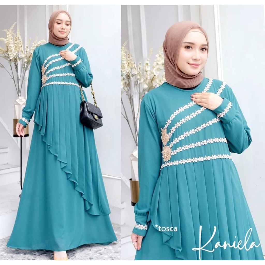 Gamis wanita KANIELA DRESS BAHAN CERUTY BABYDOLL APLIKASI RENDA LD 100 CM Gamis wanita terbaru 2023 Dress wanita kekinian Maxy dress wanita jumbo Baju muslim wanita modern Dress ceruty babydoll premium