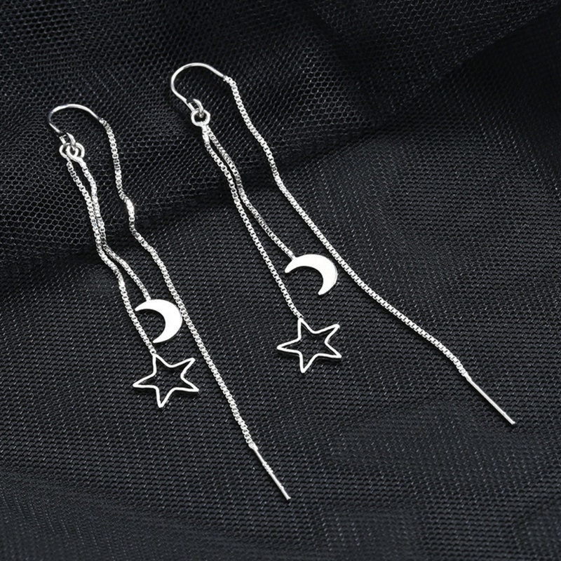 SIY  Shiny Silver Small Flat Moon Hollow Star Thread Through Earrings Threader Women