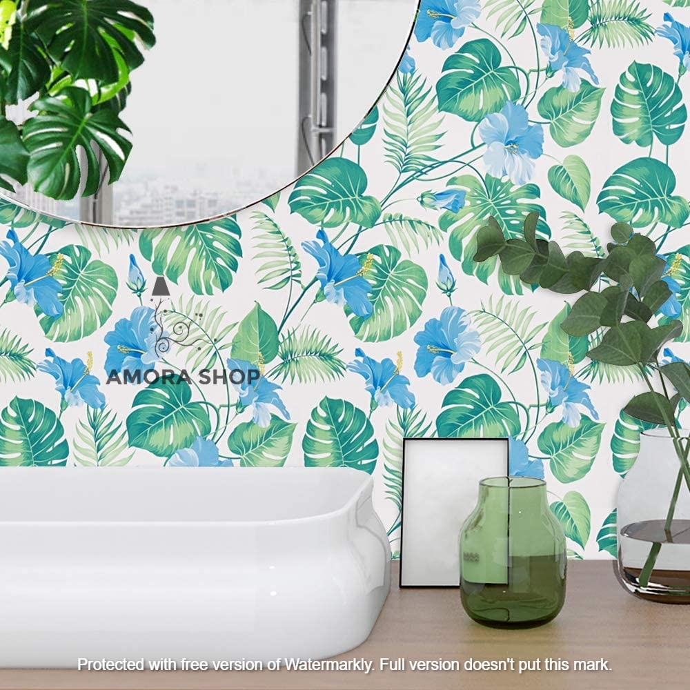 Wallpaper Stiker Dinding Monstera Biru Daun Hijau 9m s/d 10m x 45cm