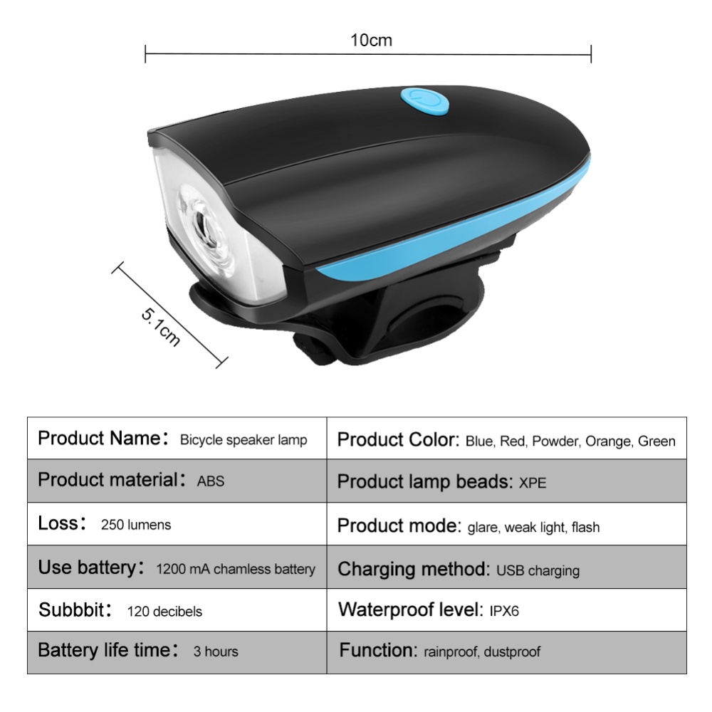 Bike Headlight USB Rechargeable Bicycle Set Waterproof LED Three-light Outdoor Lighting Riding Flashlight with Horn -OW-