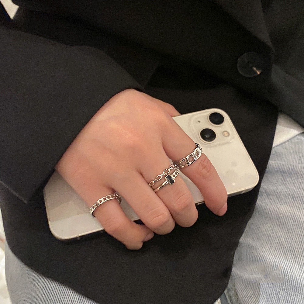 IFYOU 5pcs / set Cincin Rantai Warna Hitam Silver Gaya Korea Untuk Wanita