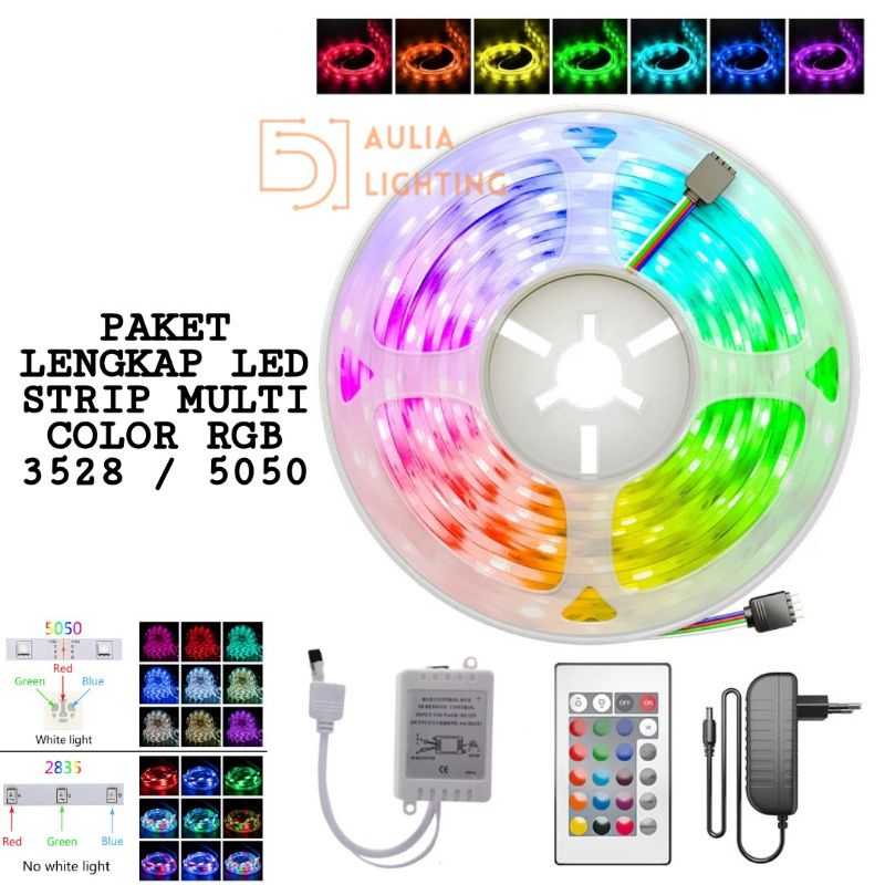 Lampu Led Strip RGB 5050 Warna Warni 2835 Komplit Set Adaptor Remote waterproof IP44 5 METER Hias Plafon Natal Tumblr Kamar tidur gaming AESTETIK