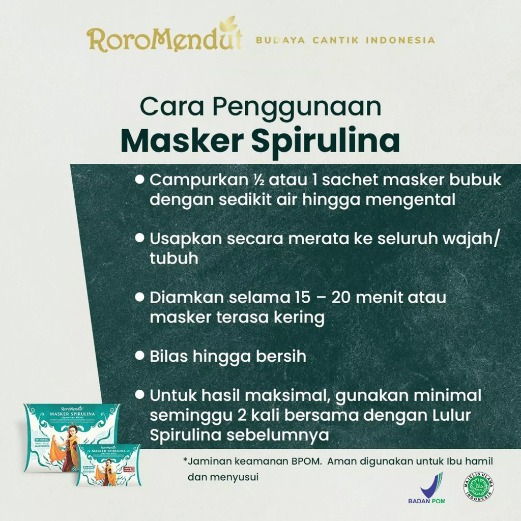 Roro Mendut Masker Spirulina Whitening / Anti Acne / Komedo / Bopeng 20gr &amp; 40gr