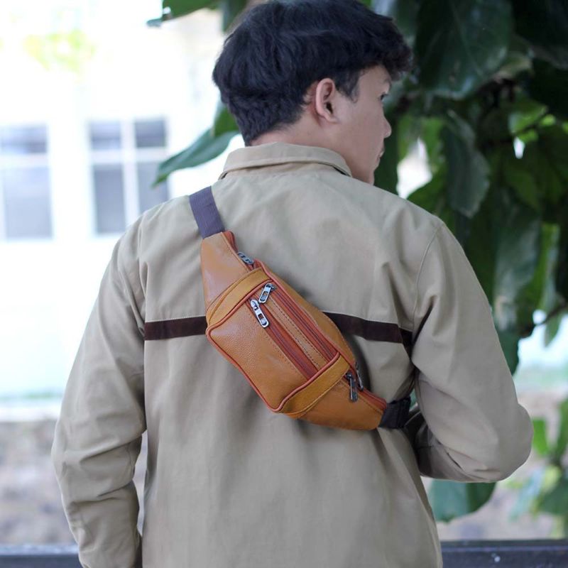 Tas Selempang Kulit Terbaru Pria Coklat | Waistbag Tas Bahan Viena Premium | Salempang Slingbag