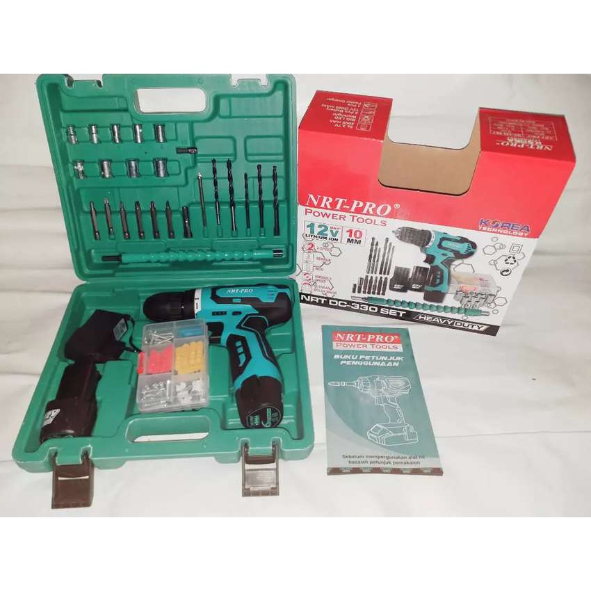 TERBARU!!! BOR CORDLESS BATRE BATERAI NRT PRO DC 330 SET MESIN BOR CAS NRT