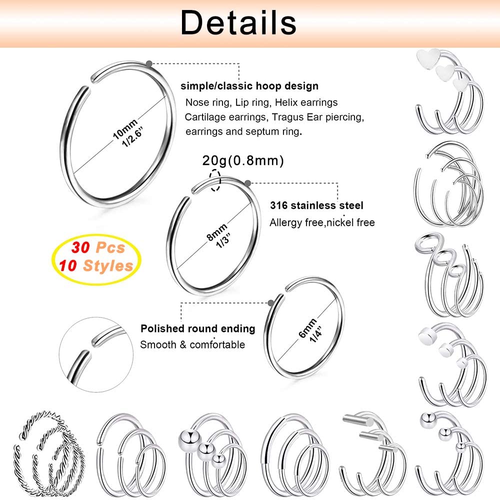 HOOPS 60 Pcs / Lot Cincin Tindik Hidung Bahan Stainless Steel Kristal Akrilik 20g Bentuk Sekrup