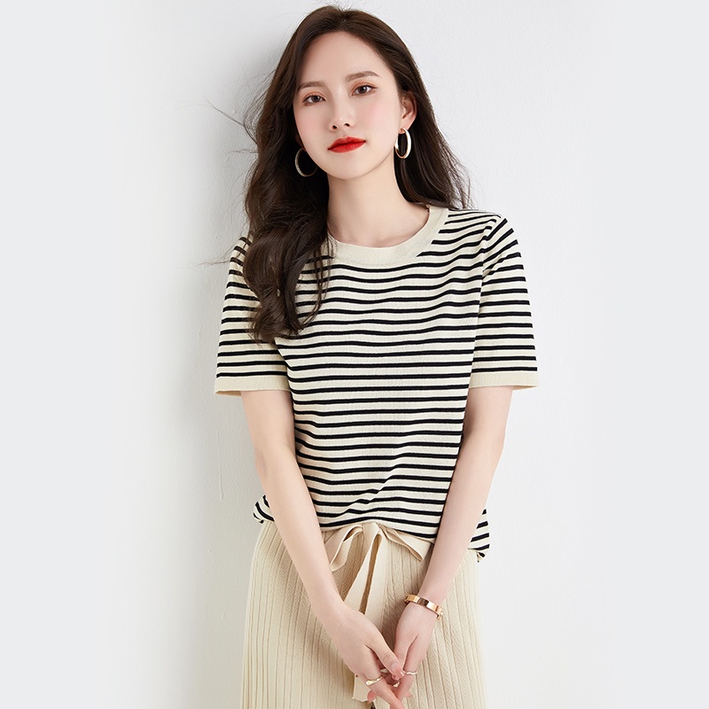 【Elegant】Korean Summer  Highwaist Long Pants &amp; Short Sleeve T-Shirt One Set   7479