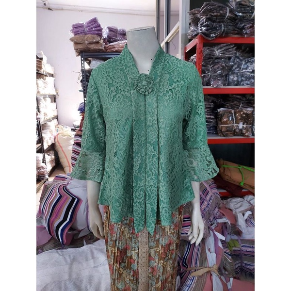 (BrTr92/100/110) Kebaya Floy Brokat GLITTER  7/8 busui TEROMPET KeroncongBusana-Mint Green