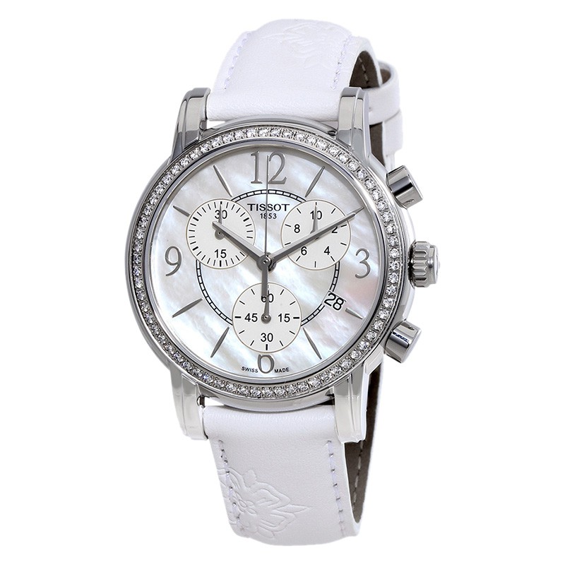 Jam Tangan Wanita Tissot T050.217.67.117.00 Dressport Chronograph Lady Mother Of Pearl Dial White Le