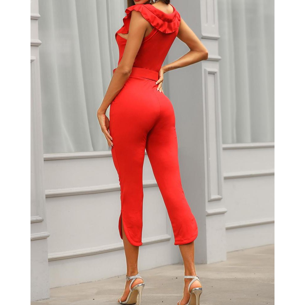 layered ruffle split leg slinky jumpsuit