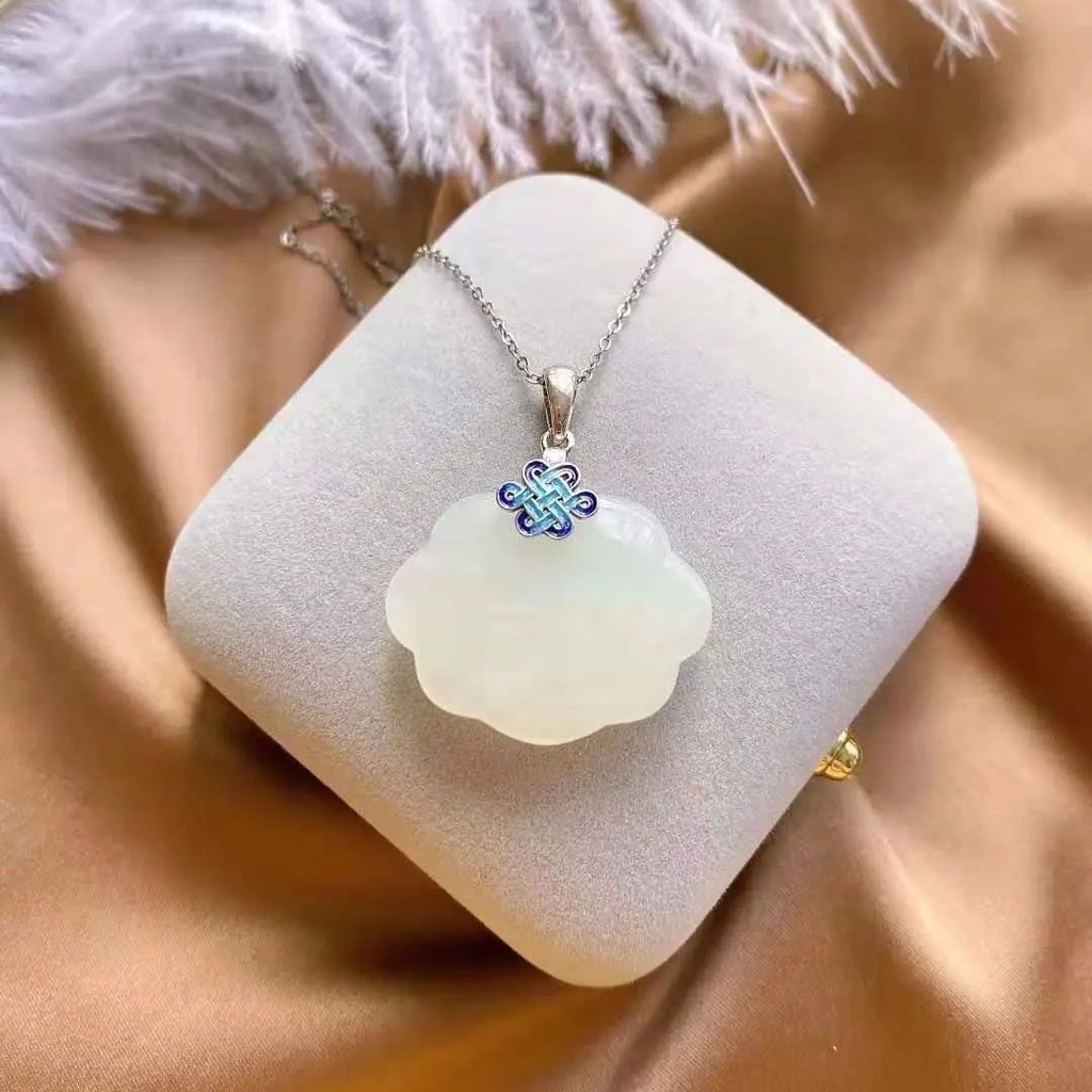 Kalung Sterling Silver S925 Hias Liontin Kunci Giok Burnt Biru Gaya China Untuk Wanita