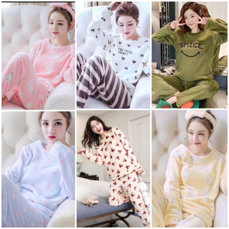 Baju Tidur Piyama Import Setelan bahan selimut Bulu halus Import