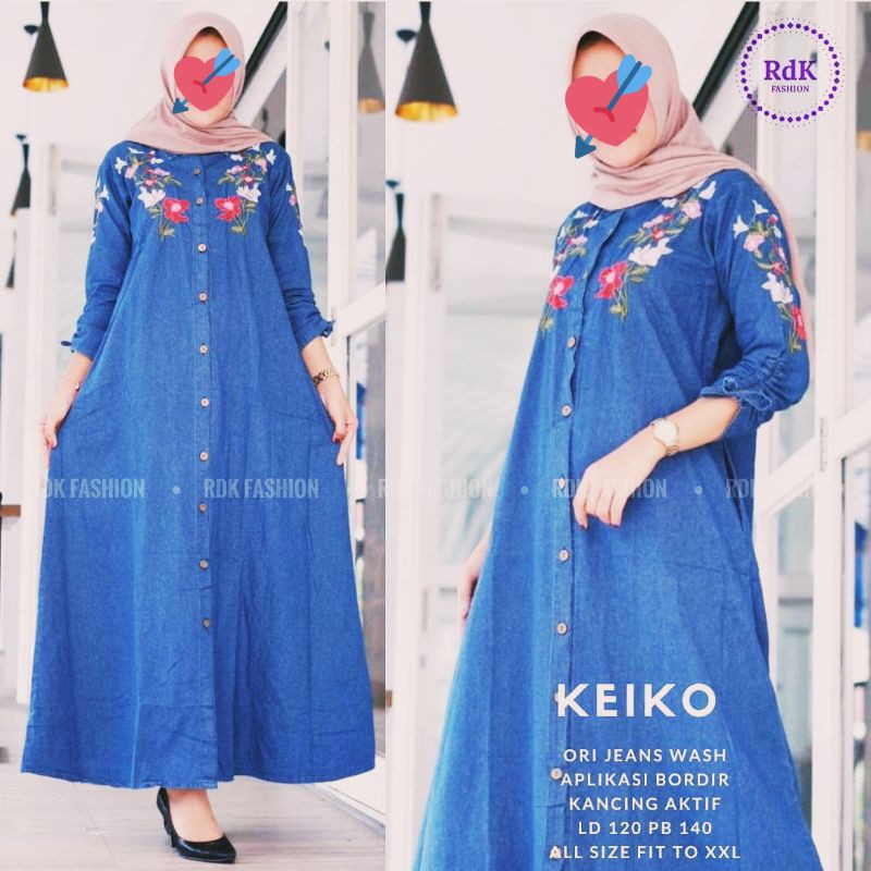 Gamis Wanita Bordir Bunga Jeans Jumbo LD 120 XXL Full Kancing Lengan Serut Baju Terbaru 2021 Solo
