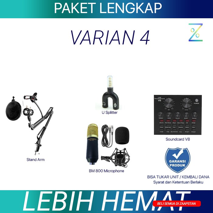 PAKET MIC STREAMING KARAOKE RECORDING, Mic BM 800, Pop Filter, Arm Stand, Holder HP, V8 Soundcard