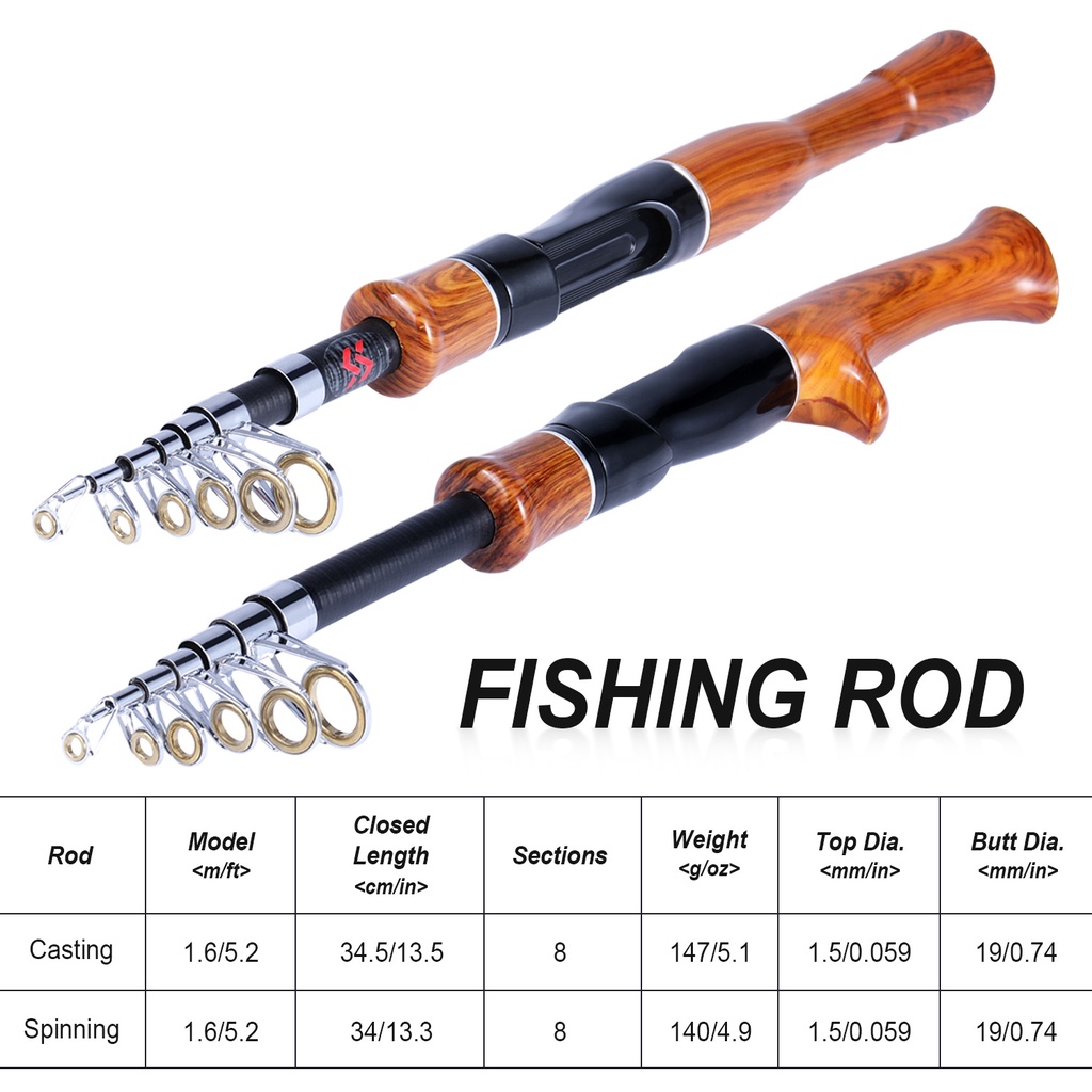 Sougayilang 1.6m Spinning/Casting Fishing Rod Gagang Kayu Mini Telescopic Portable Fishing Rod untuk Air Tawar