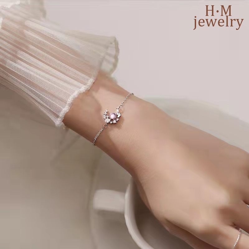 Gelang Tangan Rantai Sterling Silver 925 Aksen Kupu-Kupu + Bulan Sabit + Kristal Untuk Wanita