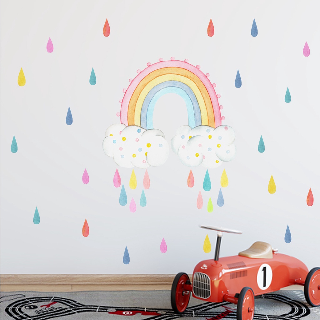 Stiker Dinding Desain Pelangi Hujan Untuk Dekorasi Kamar Tidur Anak
