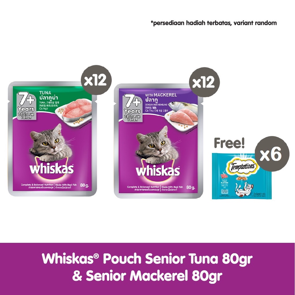 WHISKAS® Makanan Kucing Basah Pouch Senior rasa Tuna & Mackerel 80gr -  Isi 24-7